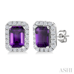 6x4 MM Octagonal Shape Amethyst and 1/4 Ctw Round Cut Diamond Halo Semi-Precious Stud Earrings in 14K White Gold