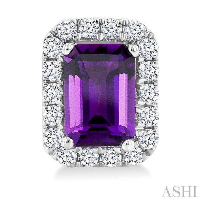 6x4 MM Octagonal Shape Amethyst and 1/4 Ctw Round Cut Diamond Halo Semi-Precious Stud Earrings in 14K White Gold