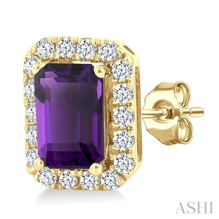6x4 MM Octagonal Shape Amethyst and 1/4 Ctw Round Cut Diamond Halo Semi-Precious Stud Earrings in 14K Yellow Gold