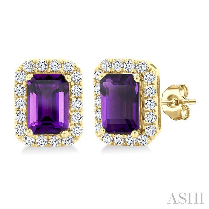 6x4 MM Octagonal Shape Amethyst and 1/4 Ctw Round Cut Diamond Halo Semi-Precious Stud Earrings in 14K Yellow Gold