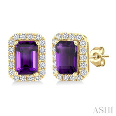 6x4 MM Octagonal Shape Amethyst and 1/4 Ctw Round Cut Diamond Halo Semi-Precious Stud Earrings in 14K Yellow Gold
