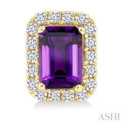 6x4 MM Octagonal Shape Amethyst and 1/4 Ctw Round Cut Diamond Halo Semi-Precious Stud Earrings in 14K Yellow Gold