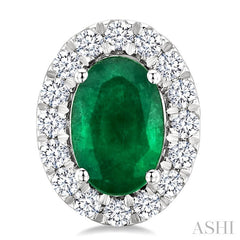 6x4 MM Oval Shape Emerald and 1/4 Ctw Round Cut Diamond Halo Precious Stud Earrings in 14K White Gold