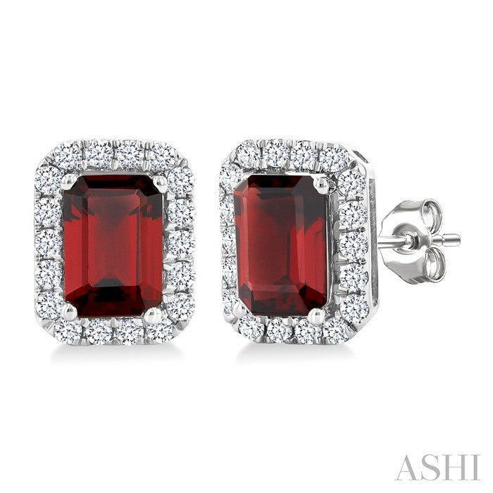 6x4 MM Octagonal Shape Garnet and 1/4 Ctw Round Cut Diamond Halo Semi-Precious Stud Earrings in 14K White Gold
