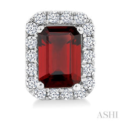 6x4 MM Octagonal Shape Garnet and 1/4 Ctw Round Cut Diamond Halo Semi-Precious Stud Earrings in 14K White Gold