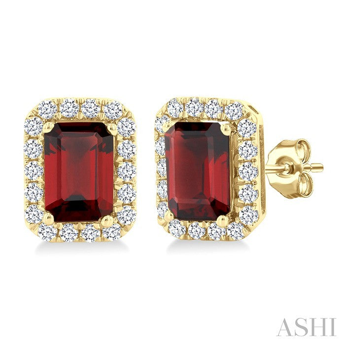 6x4 MM Octagonal Shape Garnet and 1/4 Ctw Round Cut Diamond Halo Semi-Precious Stud Earrings in 14K Yellow Gold