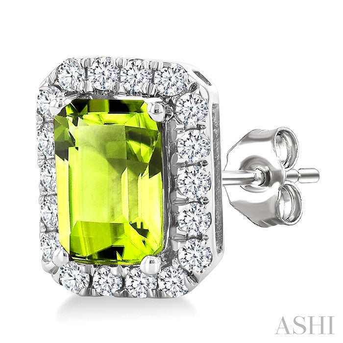 6x4 MM Octagonal Shape Peridot and 1/4 Ctw Round Cut Diamond Halo Semi-Precious Stud Earrings in 14K White Gold