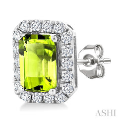 6x4 MM Octagonal Shape Peridot and 1/4 Ctw Round Cut Diamond Halo Semi-Precious Stud Earrings in 14K White Gold