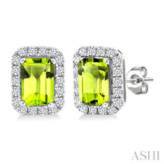 6x4 MM Octagonal Shape Peridot and 1/4 Ctw Round Cut Diamond Halo Semi-Precious Stud Earrings in 14K White Gold