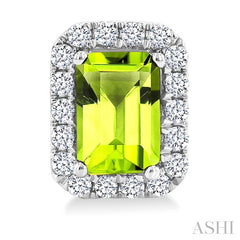 6x4 MM Octagonal Shape Peridot and 1/4 Ctw Round Cut Diamond Halo Semi-Precious Stud Earrings in 14K White Gold