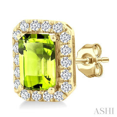 6x4 MM Octagonal Shape Peridot and 1/4 Ctw Round Cut Diamond Halo Semi-Precious Stud Earrings in 14K Yellow Gold
