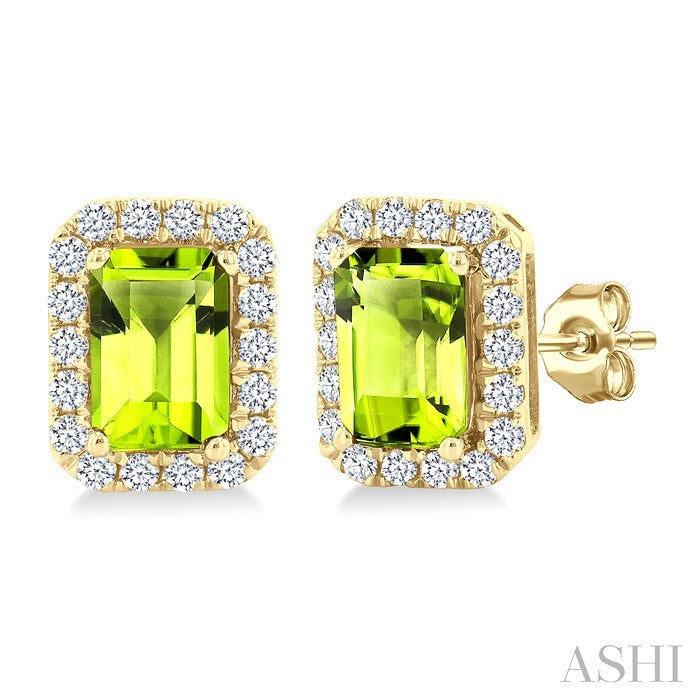 6x4 MM Octagonal Shape Peridot and 1/4 Ctw Round Cut Diamond Halo Semi-Precious Stud Earrings in 14K Yellow Gold