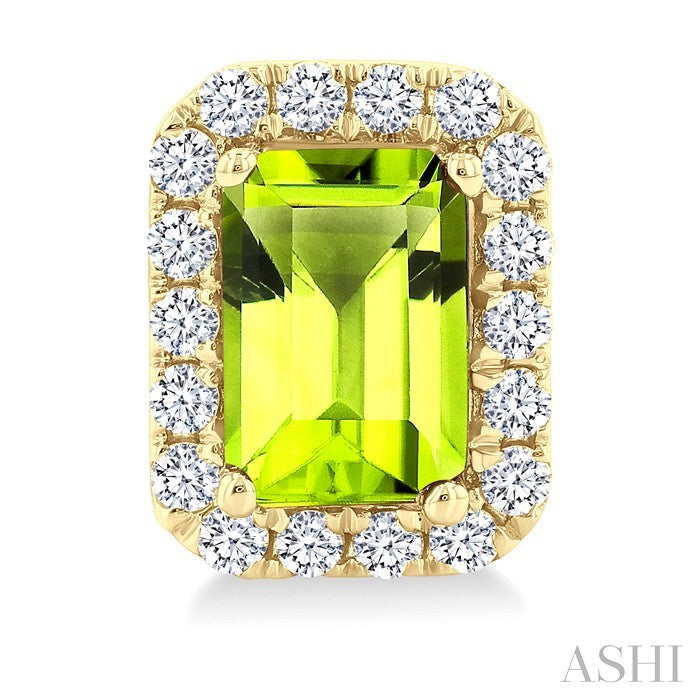 6x4 MM Octagonal Shape Peridot and 1/4 Ctw Round Cut Diamond Halo Semi-Precious Stud Earrings in 14K Yellow Gold