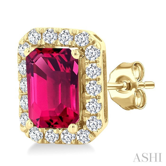 6x4 MM Octagonal Shape Pink Tourmaline and 1/4 Ctw Round Cut Diamond Halo Semi-Precious Stud Earrings in 14K Yellow Gold