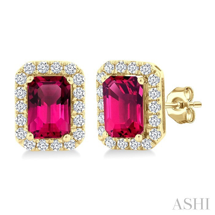 6x4 MM Octagonal Shape Pink Tourmaline and 1/4 Ctw Round Cut Diamond Halo Semi-Precious Stud Earrings in 14K Yellow Gold