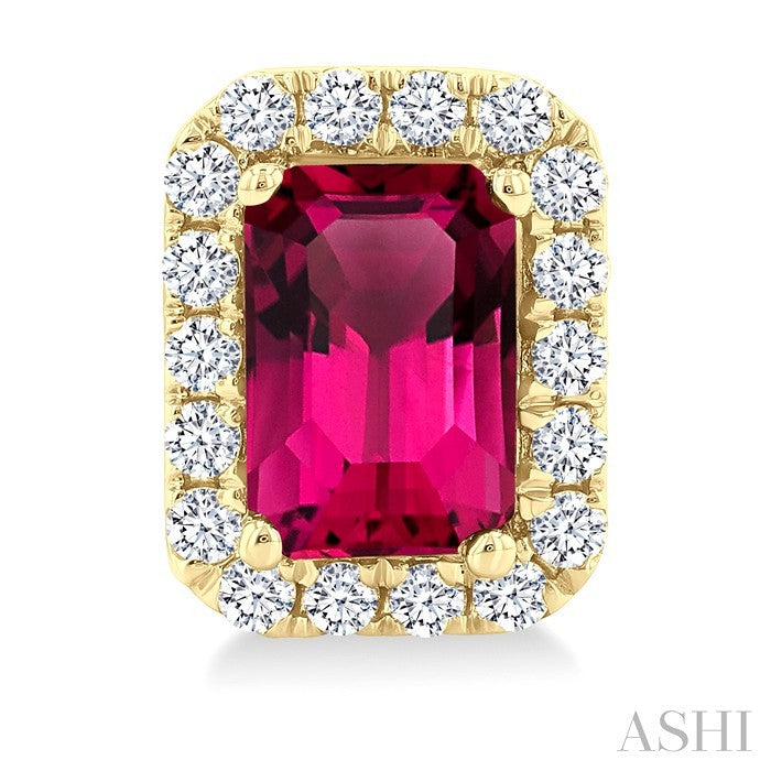 6x4 MM Octagonal Shape Pink Tourmaline and 1/4 Ctw Round Cut Diamond Halo Semi-Precious Stud Earrings in 14K Yellow Gold