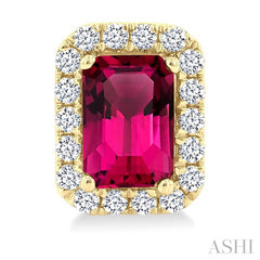 6x4 MM Octagonal Shape Pink Tourmaline and 1/4 Ctw Round Cut Diamond Halo Semi-Precious Stud Earrings in 14K Yellow Gold
