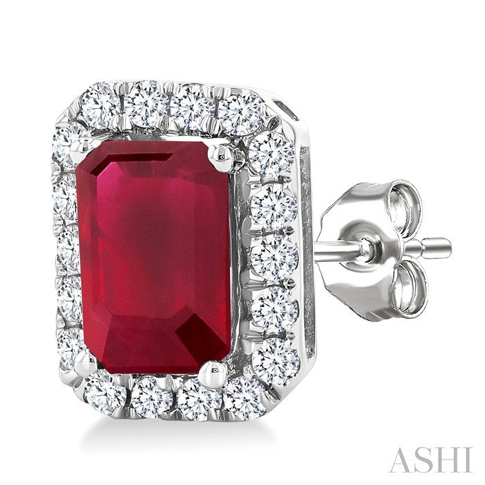 6x4 MM Octagonal Shape Ruby and 1/4 Ctw Round Cut Diamond Halo Precious Stud Earrings in 14K White Gold