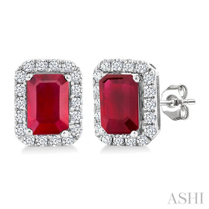 6x4 MM Octagonal Shape Ruby and 1/4 Ctw Round Cut Diamond Halo Precious Stud Earrings in 14K White Gold