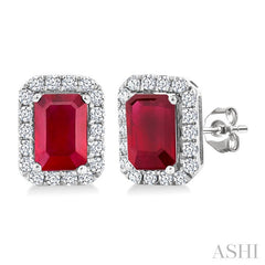 6x4 MM Octagonal Shape Ruby and 1/4 Ctw Round Cut Diamond Halo Precious Stud Earrings in 14K White Gold