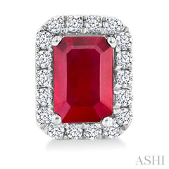 6x4 MM Octagonal Shape Ruby and 1/4 Ctw Round Cut Diamond Halo Precious Stud Earrings in 14K White Gold