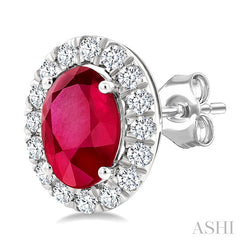 6x4 MM Oval Shape Ruby and 1/4 Ctw Round Cut Diamond Halo Precious Stud Earrings in 14K White Gold