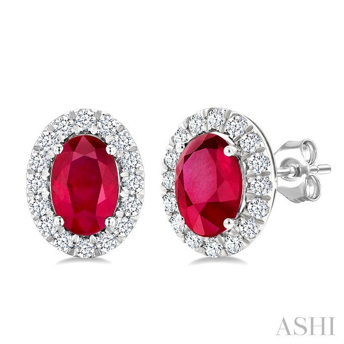 6x4 MM Oval Shape Ruby and 1/4 Ctw Round Cut Diamond Halo Precious Stud Earrings in 14K White Gold