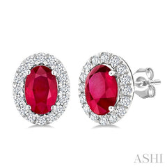 6x4 MM Oval Shape Ruby and 1/4 Ctw Round Cut Diamond Halo Precious Stud Earrings in 14K White Gold