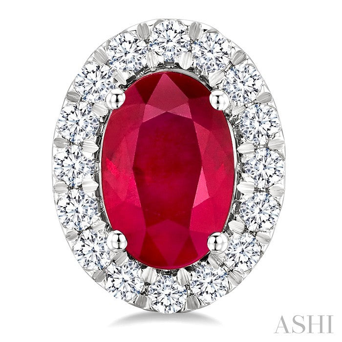 6x4 MM Oval Shape Ruby and 1/4 Ctw Round Cut Diamond Halo Precious Stud Earrings in 14K White Gold