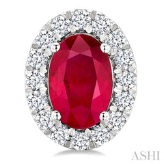 6x4 MM Oval Shape Ruby and 1/4 Ctw Round Cut Diamond Halo Precious Stud Earrings in 14K White Gold