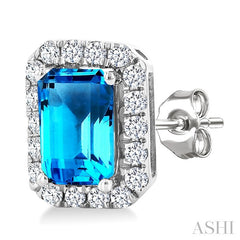 6x4 MM Octagonal Shape Blue Topaz and 1/4 Ctw Round Cut Diamond Halo Semi-Precious Stud Earrings in 10K White Gold