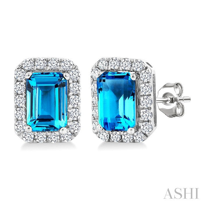 6x4 MM Octagonal Shape Blue Topaz and 1/4 Ctw Round Cut Diamond Halo Semi-Precious Stud Earrings in 10K White Gold