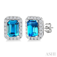 6x4 MM Octagonal Shape Blue Topaz and 1/4 Ctw Round Cut Diamond Halo Semi-Precious Stud Earrings in 10K White Gold