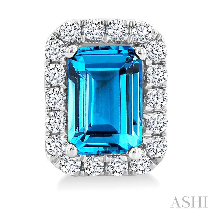 6x4 MM Octagonal Shape Blue Topaz and 1/4 Ctw Round Cut Diamond Halo Semi-Precious Stud Earrings in 10K White Gold