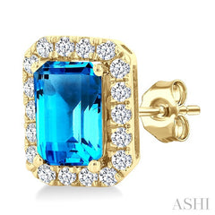 6x4 MM Octagonal Shape Blue Topaz and 1/4 Ctw Round Cut Diamond Halo Semi-Precious Stud Earrings in 10K Yellow Gold