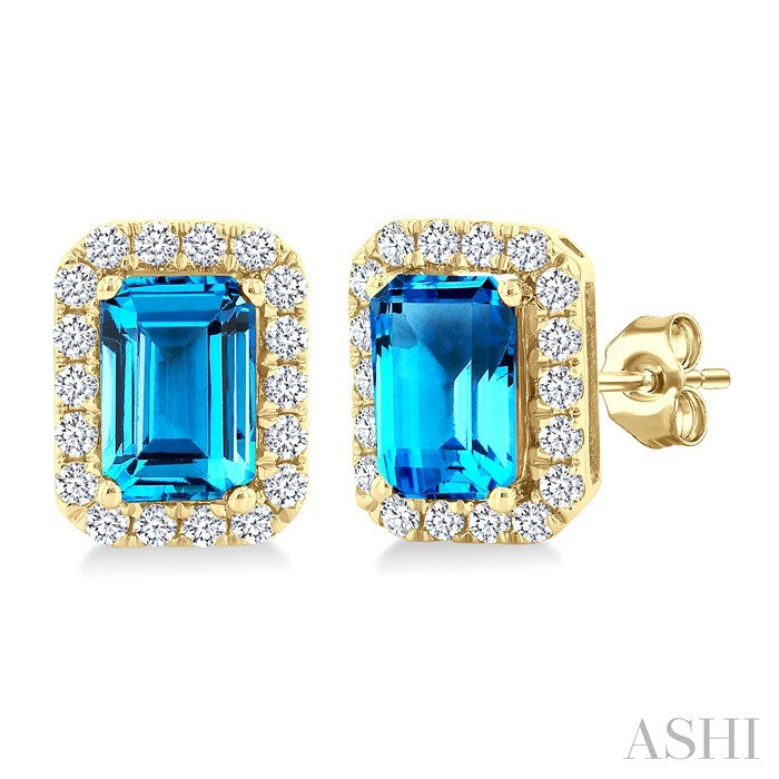 6x4 MM Octagonal Shape Blue Topaz and 1/4 Ctw Round Cut Diamond Halo Semi-Precious Stud Earrings in 10K Yellow Gold