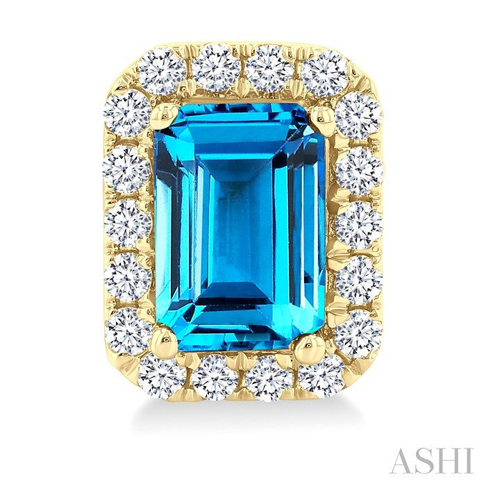 6x4 MM Octagonal Shape Blue Topaz and 1/4 Ctw Round Cut Diamond Halo Semi-Precious Stud Earrings in 10K Yellow Gold