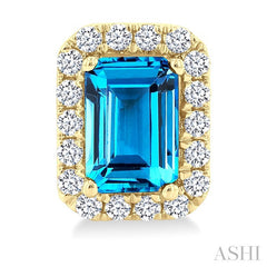 6x4 MM Octagonal Shape Blue Topaz and 1/4 Ctw Round Cut Diamond Halo Semi-Precious Stud Earrings in 10K Yellow Gold
