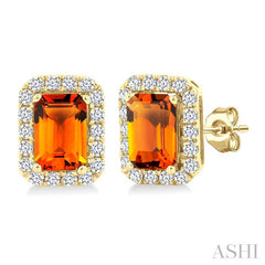 6x4 MM Octagonal Shape Citrine and 1/4 Ctw Round Cut Diamond Halo Semi-Precious Stud Earrings in 10K Yellow Gold