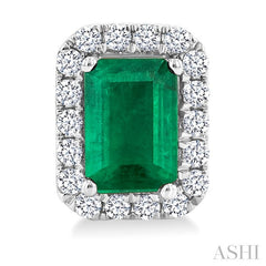 6x4 MM Octagonal Shape Emerald and 1/4 Ctw Round Cut Diamond Halo Precious Stud Earrings in 10K White Gold