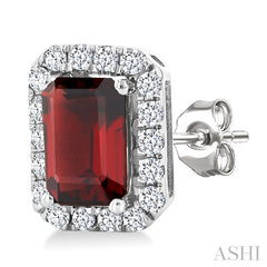 6x4 MM Octagonal Shape Garnet and 1/4 Ctw Round Cut Diamond Halo Semi-Precious Stud Earrings in 10K White Gold