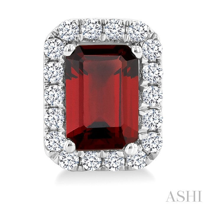 6x4 MM Octagonal Shape Garnet and 1/4 Ctw Round Cut Diamond Halo Semi-Precious Stud Earrings in 10K White Gold