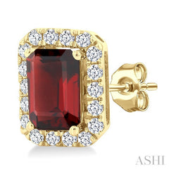 6x4 MM Octagonal Shape Garnet and 1/4 Ctw Round Cut Diamond Halo Semi-Precious Stud Earrings in 10K Yellow Gold
