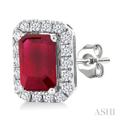 6x4 MM Octagonal Shape Ruby and 1/4 Ctw Round Cut Diamond Halo Precious Stud Earrings in 10K White Gold
