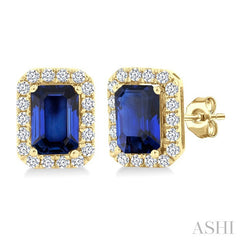 6x4 MM Octagonal Shape Sapphire and 1/4 Ctw Round Cut Diamond Halo Precious Stud Earrings in 10K Yellow Gold