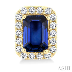 6x4 MM Octagonal Shape Sapphire and 1/4 Ctw Round Cut Diamond Halo Precious Stud Earrings in 10K Yellow Gold