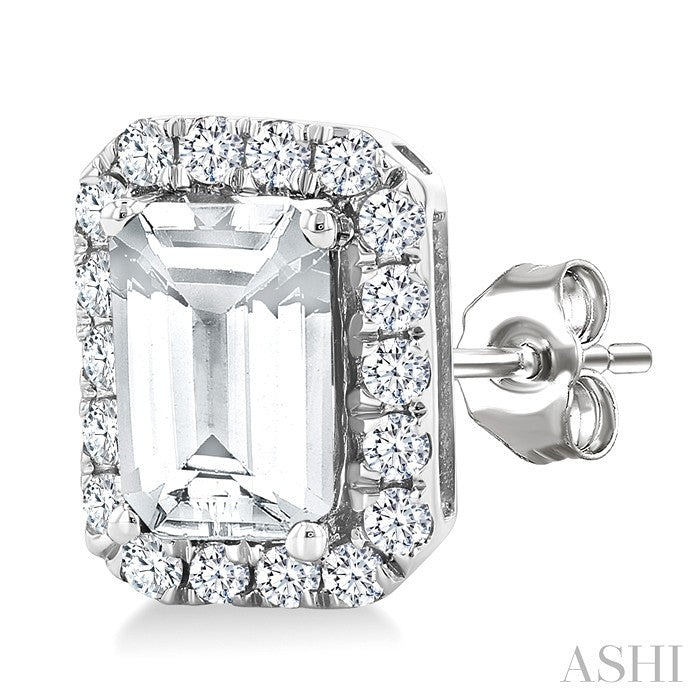 6x4 MM Octagonal Shape White Topaz and 1/4 Ctw Round Cut Diamond Halo Semi-Precious Stud Earrings in 10K White Gold