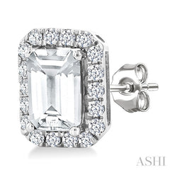6x4 MM Octagonal Shape White Topaz and 1/4 Ctw Round Cut Diamond Halo Semi-Precious Stud Earrings in 10K White Gold