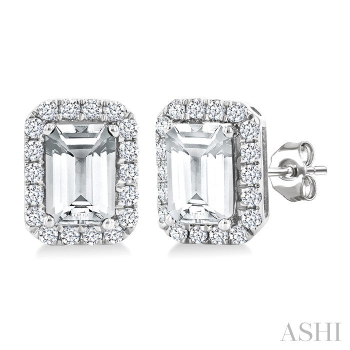 6x4 MM Octagonal Shape White Topaz and 1/4 Ctw Round Cut Diamond Halo Semi-Precious Stud Earrings in 10K White Gold