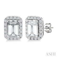 6x4 MM Octagonal Shape White Topaz and 1/4 Ctw Round Cut Diamond Halo Semi-Precious Stud Earrings in 10K White Gold